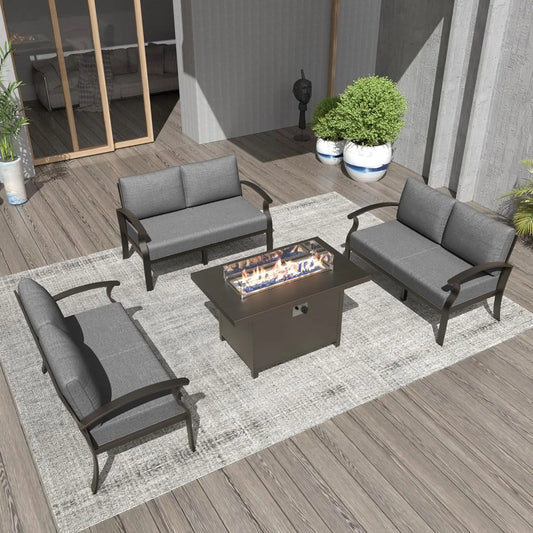 Aluminum Patio Furniture Set 6-Seat Modern Metal Outdoor Conversation Sets w/45in Propane Fire Pit Table and Loveseat Sofa, Pat