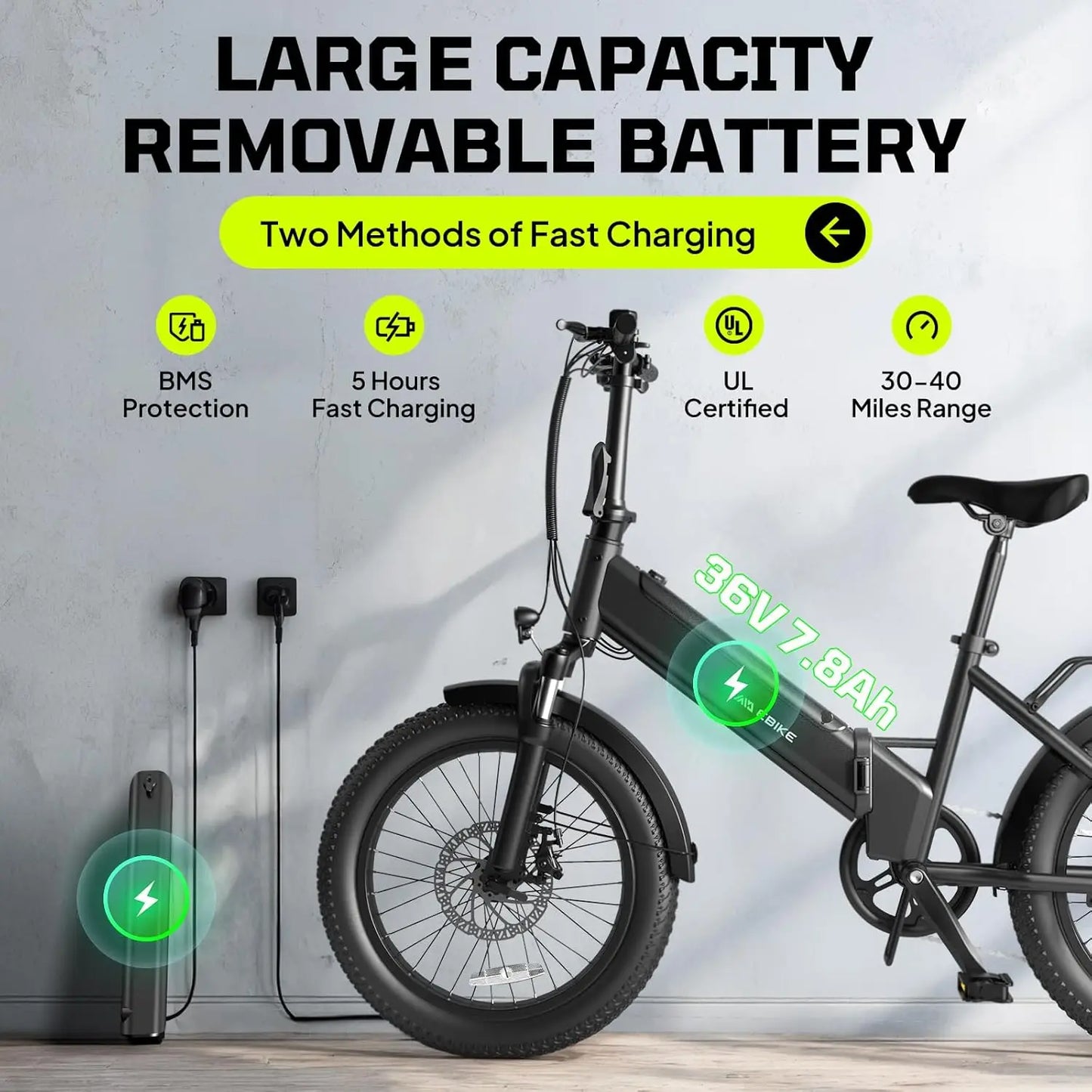 TST F00B Folding Electric Bike, 1000W motor, 36V 7.8Ah removable battery, 40 miles range, 25 MPH, 20" fat tires,rear rack.