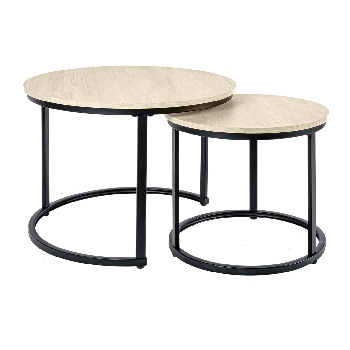2-Piece Round Nesting Coffee Table Set | Black & White Oak, Metal Frame Wood Top | Sturdy Durable, Easy Assembly (No Tools Neede