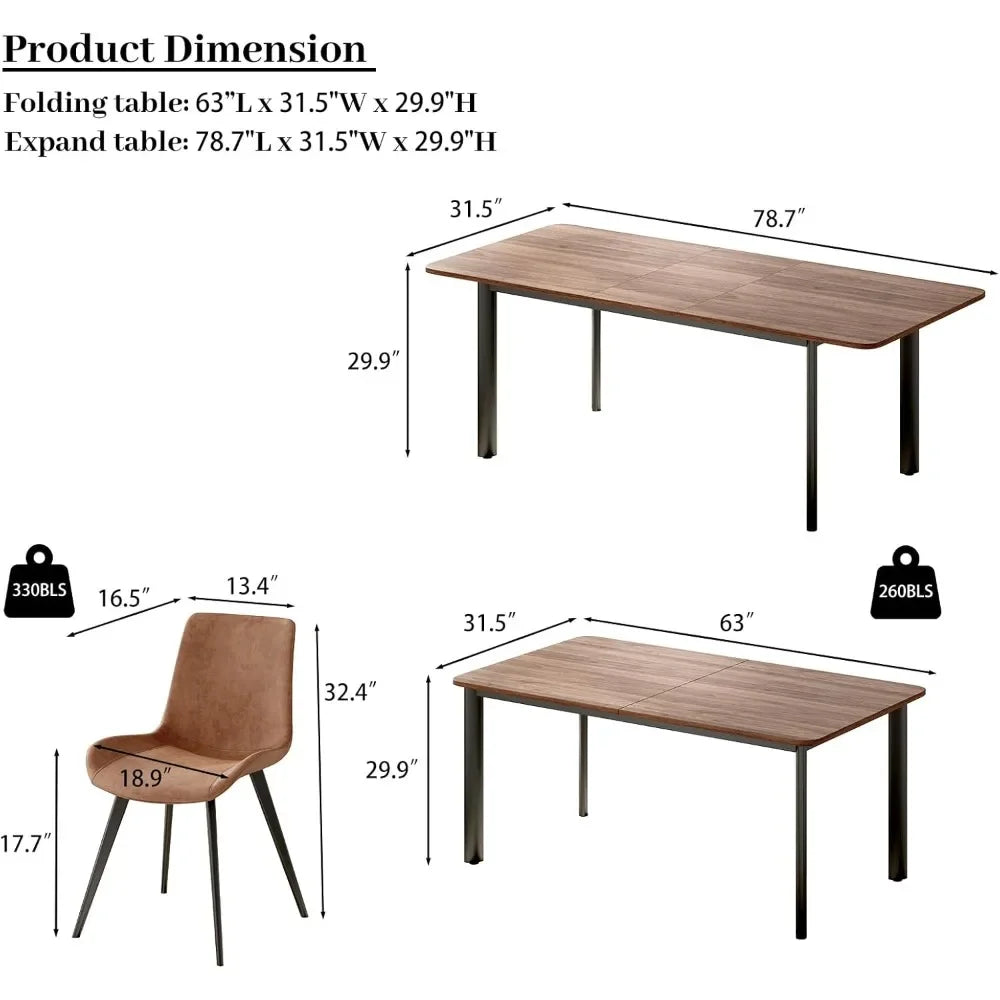 63"- 78.7" Extendable Dining Table Set for 6, Modern Kitchen Table with 6 Dining Chairs, Thickened Expandable Wooden Table