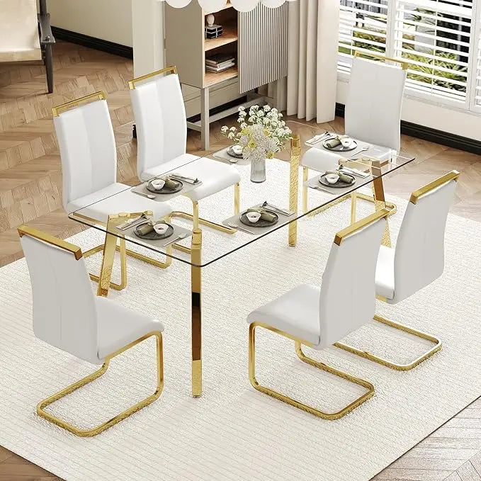 Modern Dining Table Set for 6,Glass Kitchen Table and Chairs,71''Gold Dining Room Table &Generous Legroom with 6 White
