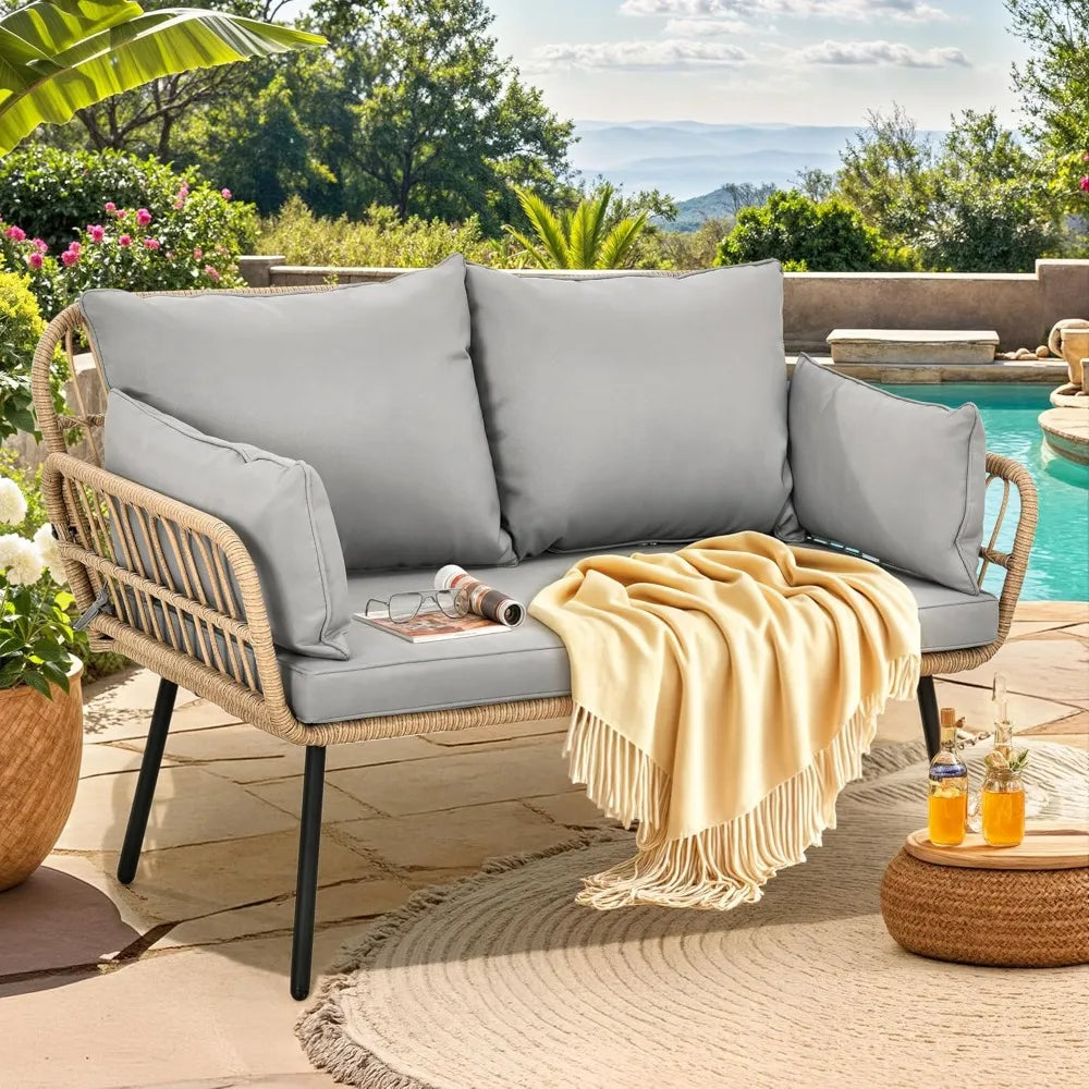 All-Weather Wicker Rattan Outdoor Patio Loveseat with Cushions and Lumbar Pillows, 2-Seater Sofa Set