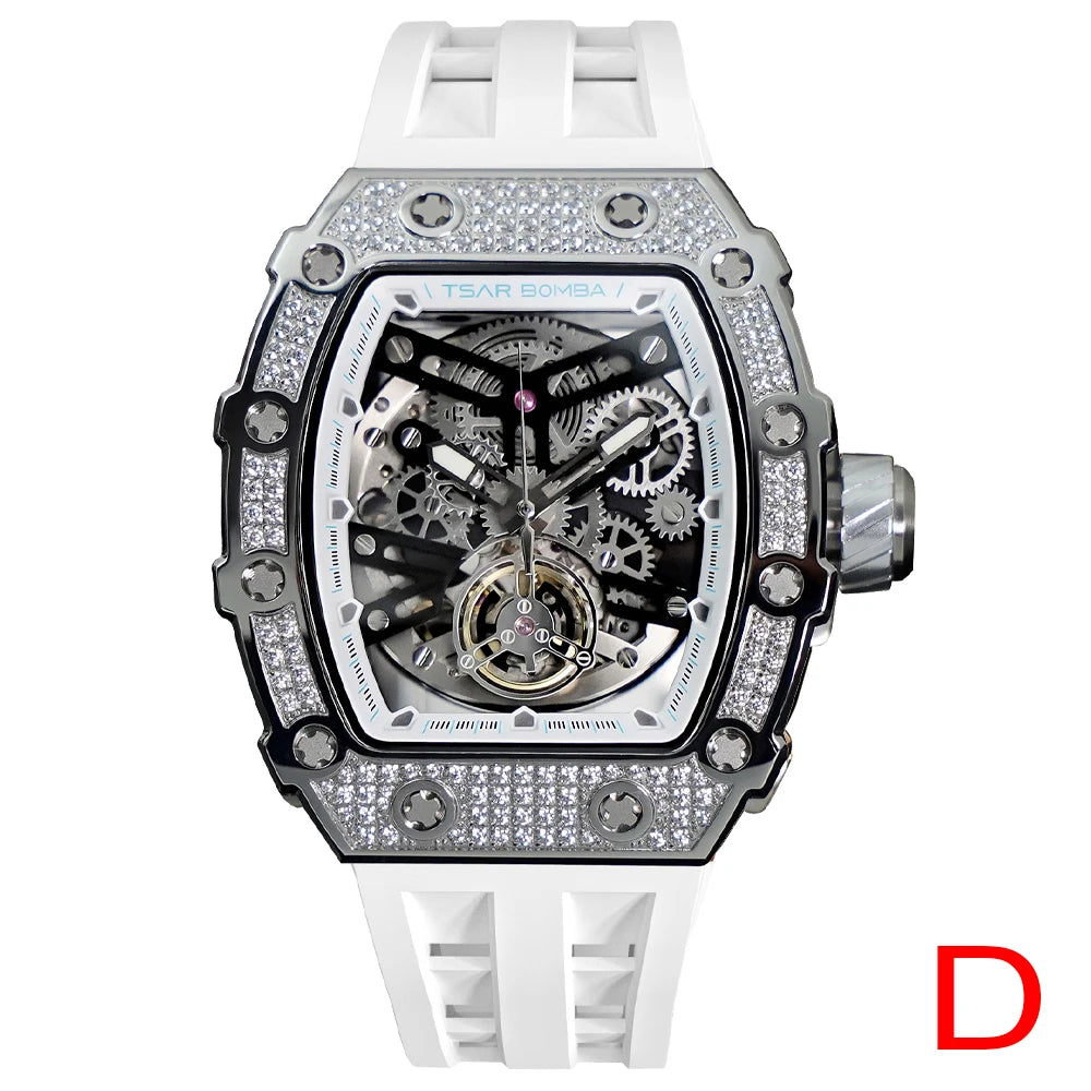 TSAR BOMBA 2022 Luxury Mens Automatic Watch Waterproof Carbon Fiber Clock Tonneau Skeleton Mechanical Wrist Watch for Men