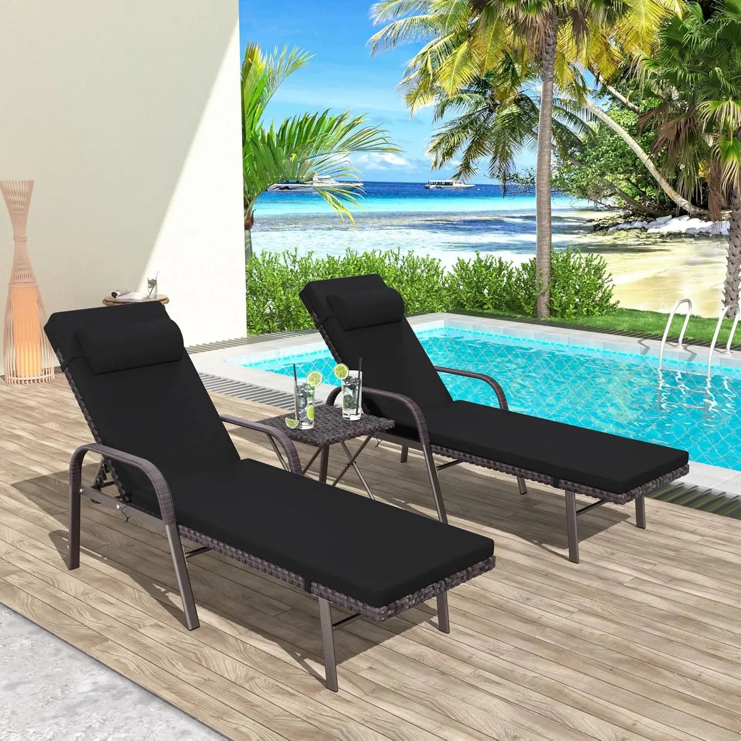 Patio Chaise Lounge Set 3 Pieces Pool Lounge Chairs,Cushioned Outdoor Folding Lounge Chair w/Arm and Rattan Adjustable Backrest