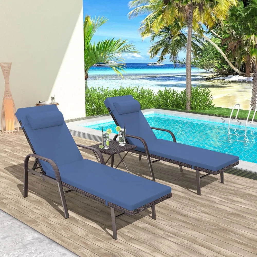 Patio Chaise Lounge Set 3 Pieces Pool Lounge Chairs,Cushioned Outdoor Folding Lounge Chair w/Arm and Rattan Adjustable Backrest