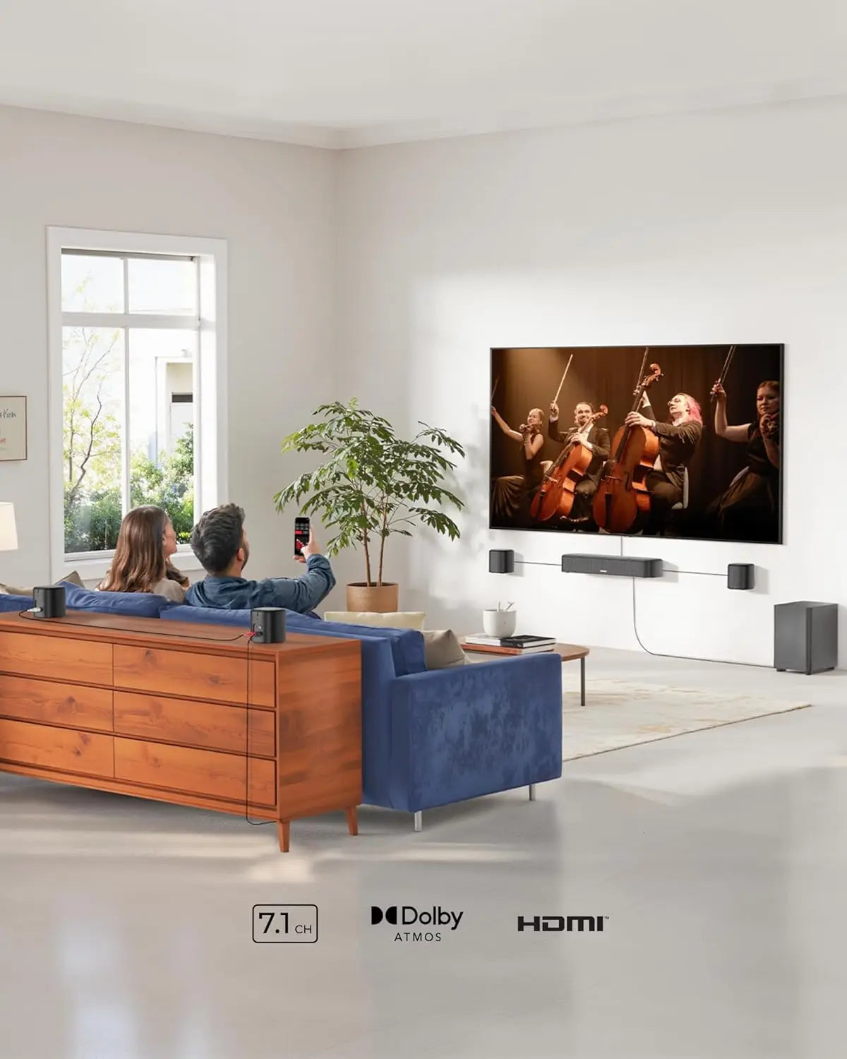 7.1ch Dolby Atmos Sound Bar with 4 Surround Speakers, Subwoofer, HDMI eARC for Smart TV Home Theater