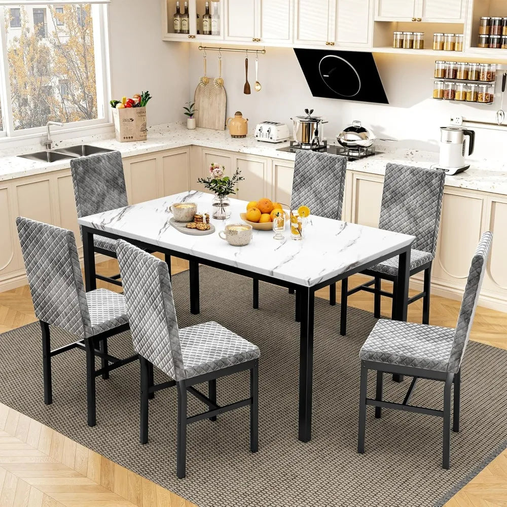 7 Piece Dining Table Set for 6 with Chairs of Velvet Foam, Faux Marble Kitchen Dining Table Set for Small Space, Living Room, A