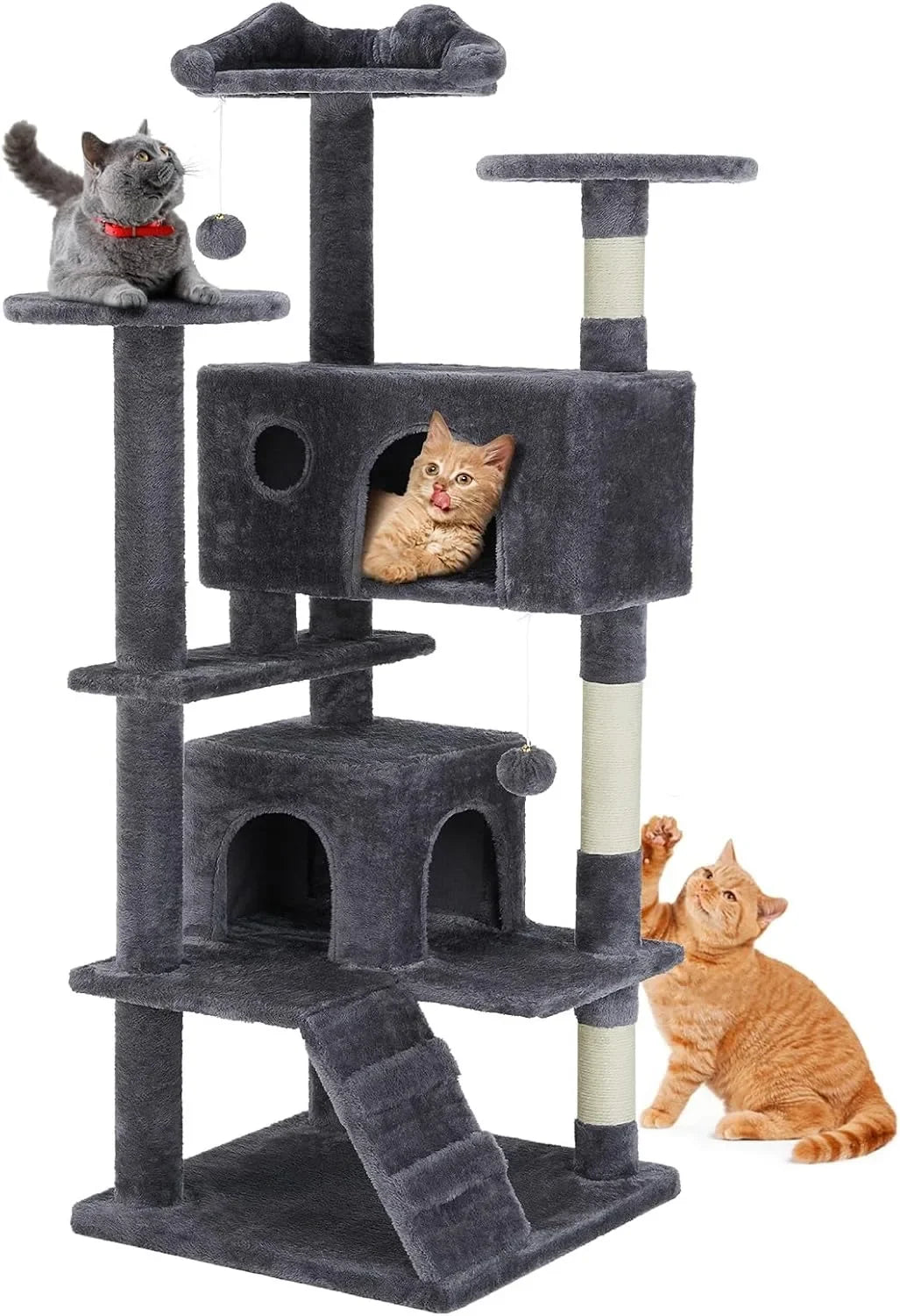 54 Inch Cat Tree Tower for Indoor Cats, Multi-Level Cat House with Scratching Posts, Hammock & Hanging Toys, Heavy Duty