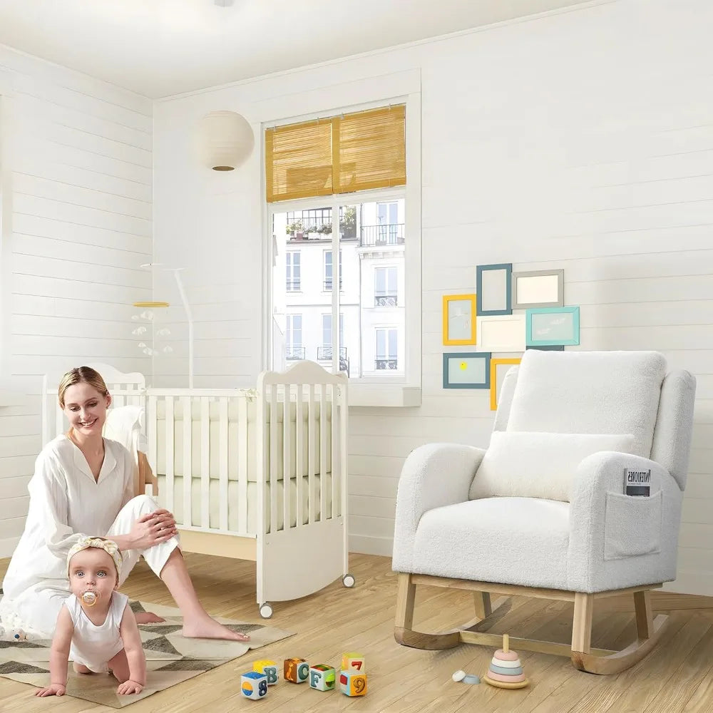 Rocking Glider Chair for Nursery, Wingback Accent Rocker Chair Upholstered Tall Back Arm Chair w/Side Pockets, Modern Leisure