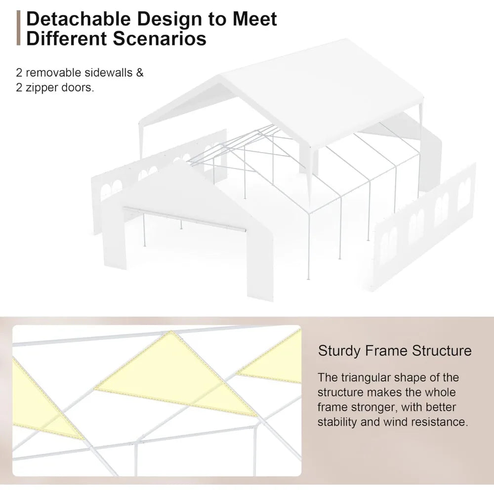 "20ft x 26ft durable carport with roll-up clear panels, reinforced party tent with detachable walls and doors"