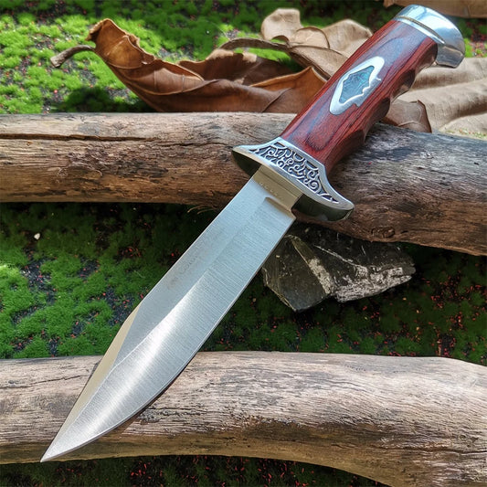 Outdoor Camping Knife, Fixed Blade Straight Knife with Wood Handle, 7Cr13 Steel Blade, Tactical and Survival Tool with Scabbard