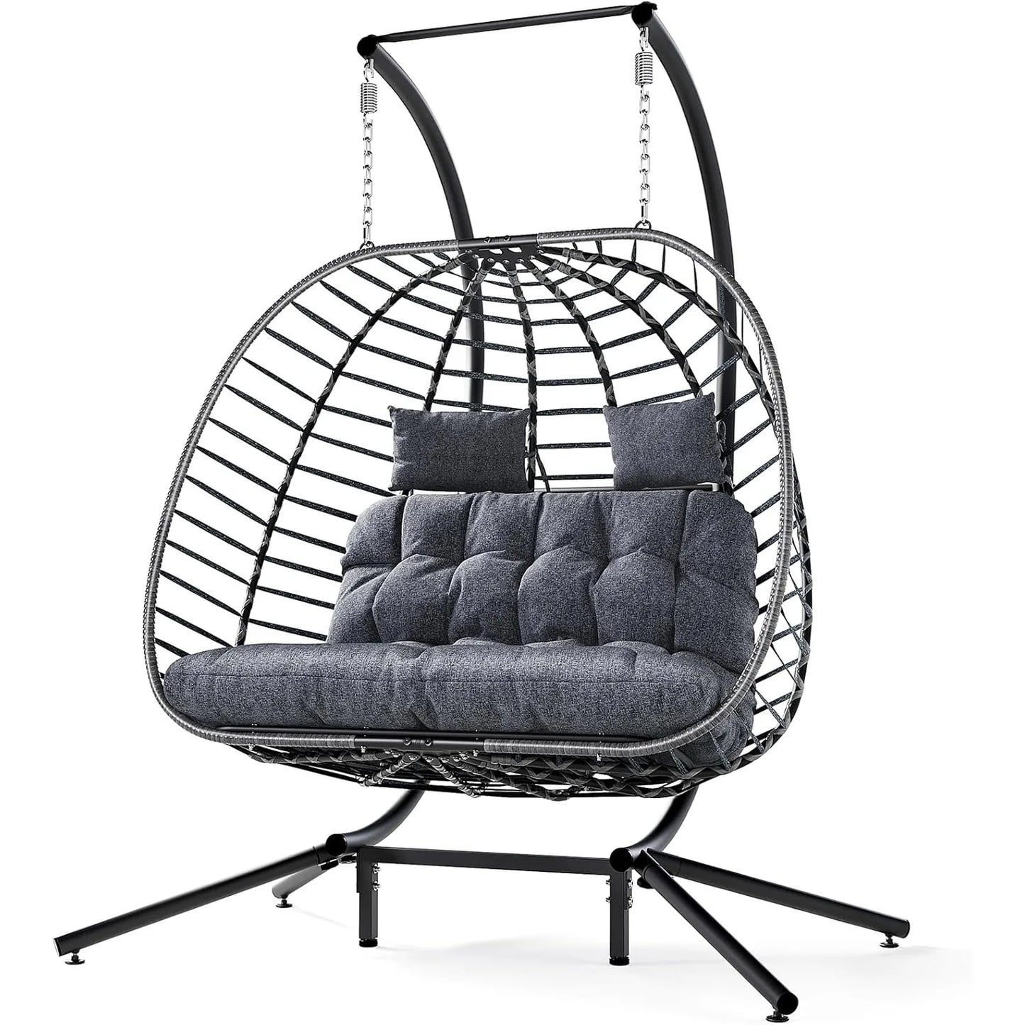 Double Egg Swing Chair with Stand, Outdoor Patio 2 Person Hanging Wicker Hammock Chairs with Cushion for Indoor Bedroom,