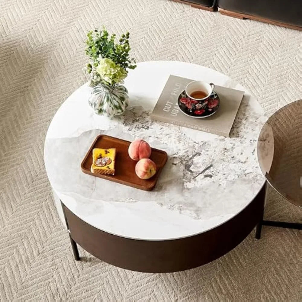 31.5 Inch Round Marble Coffee Table with Walnut Brown Drawers & White Sintered Stone Top, Modern Living Room Center Table Black