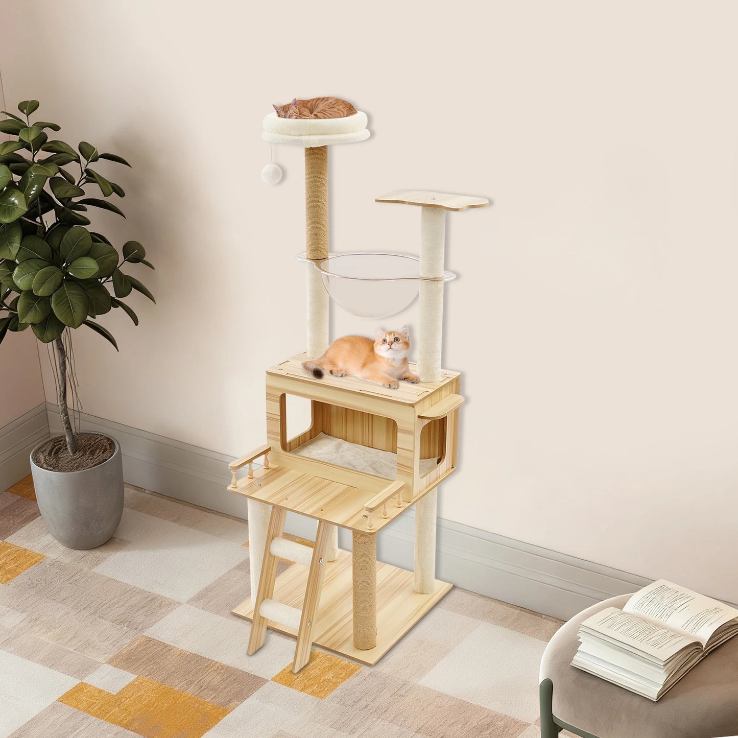 White+wood Cat Tree for Indoor Cats - 50x50x147cm Cat Scratching Climbing Tower, Floor Mount, 12.83kg Net Weight
