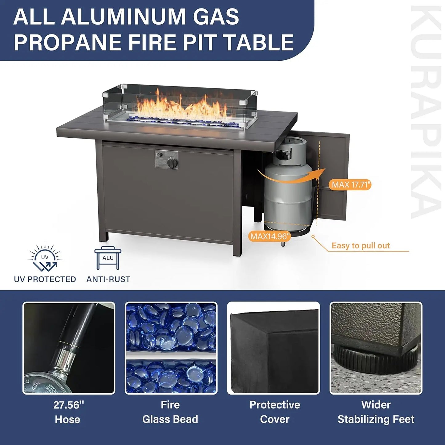 Aluminum Patio Furniture Set 6-Seat Modern Metal Outdoor Conversation Sets w/45in Propane Fire Pit Table and Loveseat Sofa, Pat