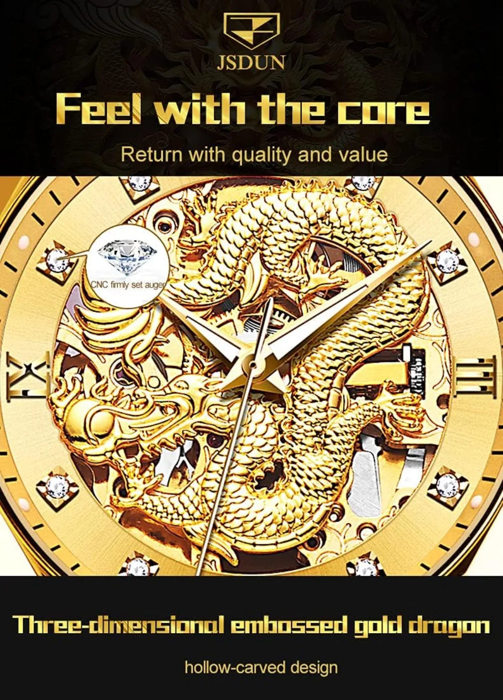 Automatic Mechanical Hollow Dragon Watch Men's Luxury Gold Diamond 50M Waterproof Luminous