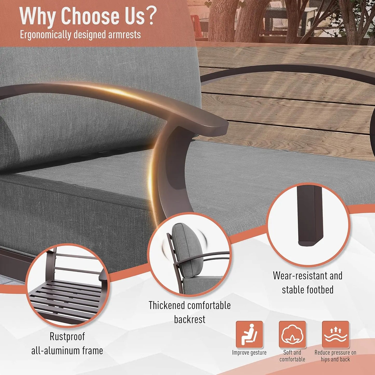 Aluminum Patio Furniture Set 6-Seat Modern Metal Outdoor Conversation Sets w/45in Propane Fire Pit Table and Loveseat Sofa, Pat