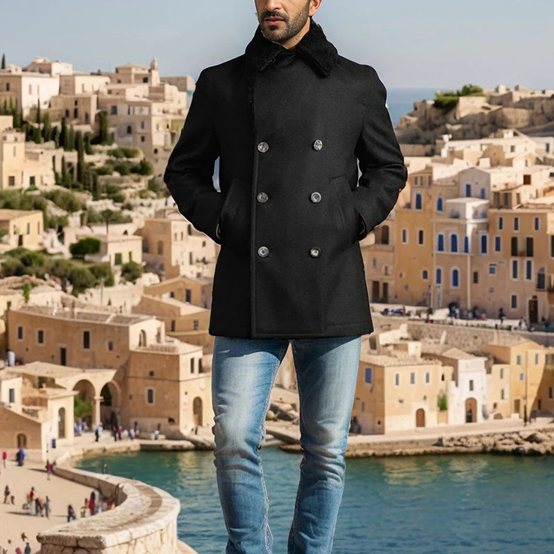 Stylish Men s Wool Pea Coat with Contrast Color Detail Double Breasted Design and Warm Long Sleeves - Perfect Winter Cardigan