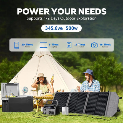 Portable Power Station with 100W Solar Panel, 345Wh LiFePO4 Battery,Solar Generator with 500W AC Output for Camping