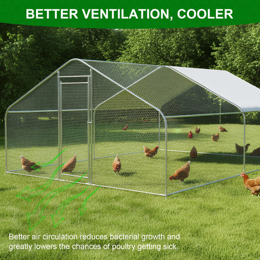 9.84x13.12x6.56FT Large Chicken Coop Lockable Walk-in Poultry Cage with Cover Spire Roof for Outdoor and Yard Farm Use