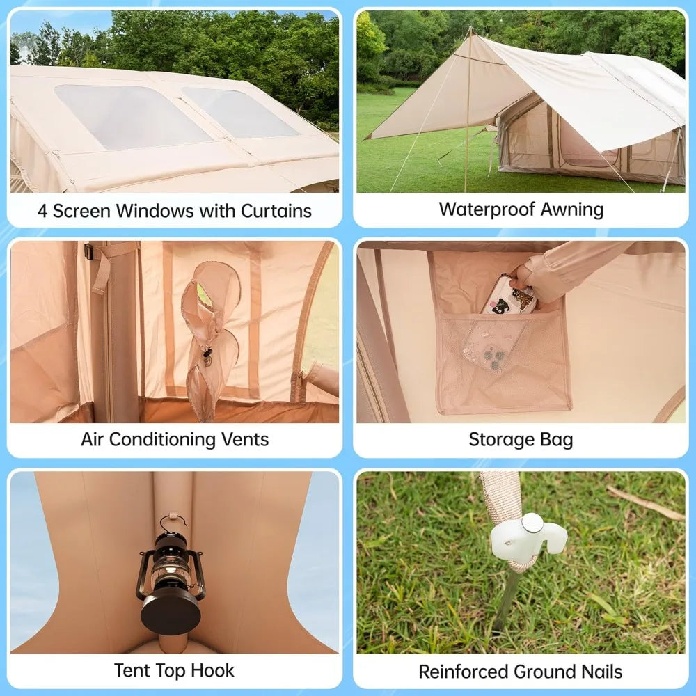 Inflatable Camping Tent with Pump & Awning,8-14 Person Air Tents for Camping Adult, Large Waterproof Oxford Family Glamping Tent