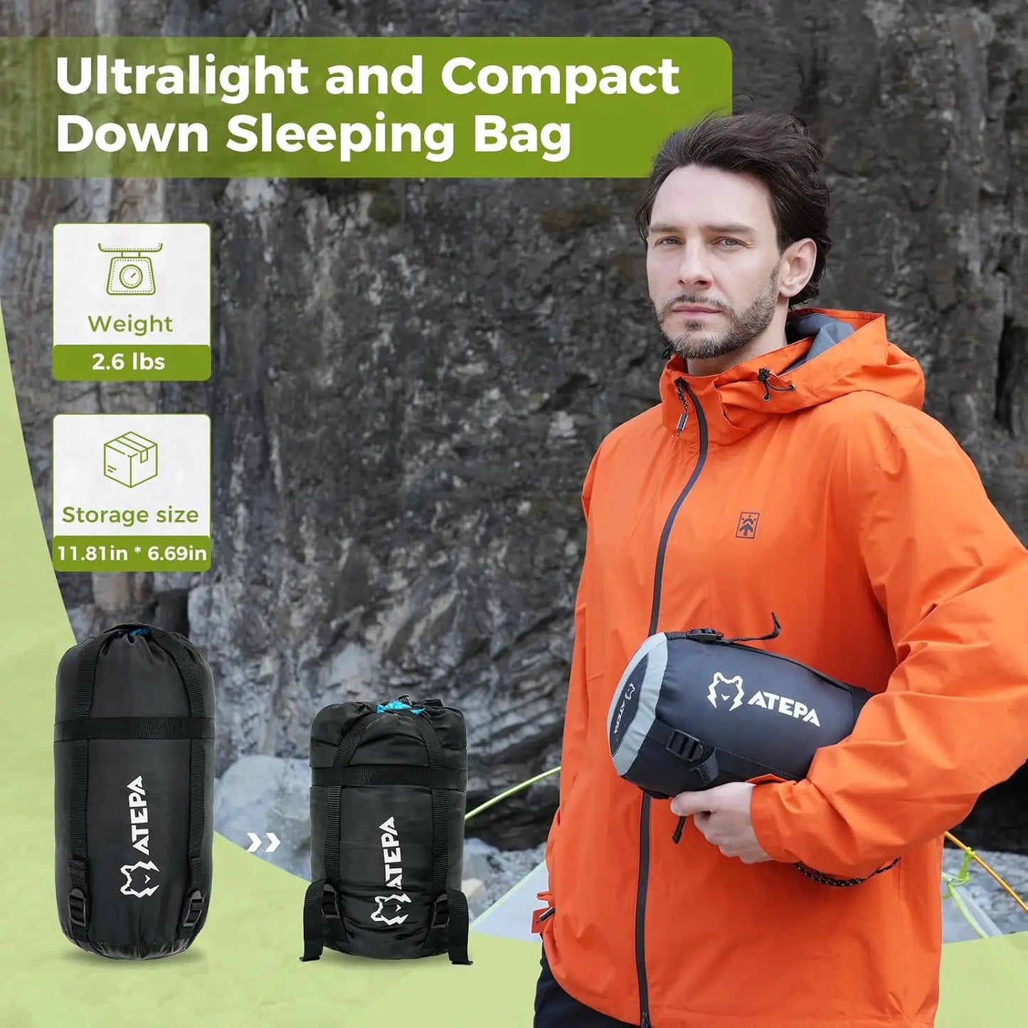 Ultralight 3-Season Recycled Sleeping Bag for Adults, 650FP/700FP, Compact Design with Compression Sack for Backpacking and Camp