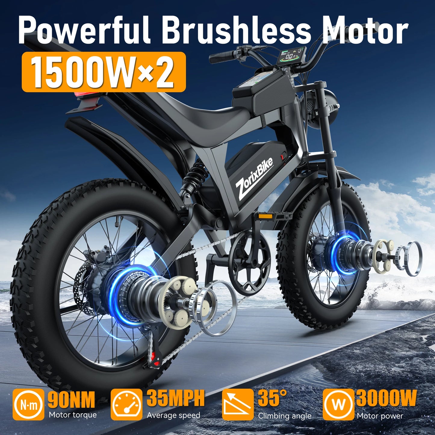 ZorixBike R8 Pro Electric Off-Road Bike 20x4" 3000W 35Mph 80Mile 48V 23Ah,7 Speed Wide Tire All Terrain E-Bike For Adult