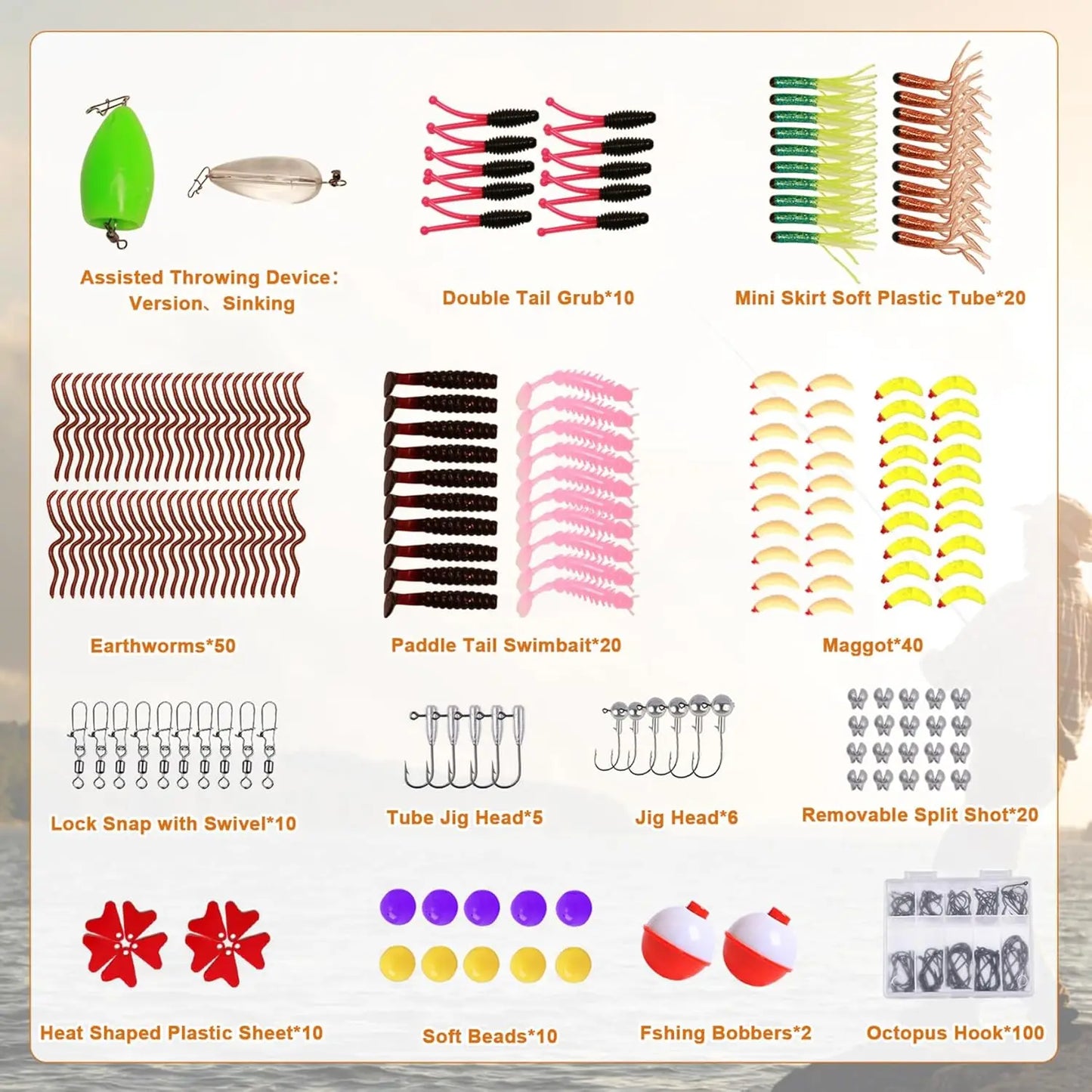 322-Piece Fishing Lure Set with Tackle Box, Soft Baits, Hooks & Weights for Bass Fishing