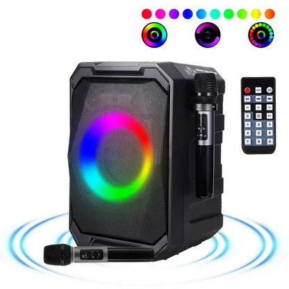 Portable Wireless Party Speaker With LED Light 2 Wireless Mics Remote Control TWS Music Accompany Mic. Priority Bass