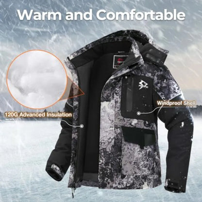 Ice Fishing Jacket Bundle with 52L Fishing Tackle Backpack with Rod Holders 4 Tackle Boxes Waterproof Nylon Outerwear Charcoal