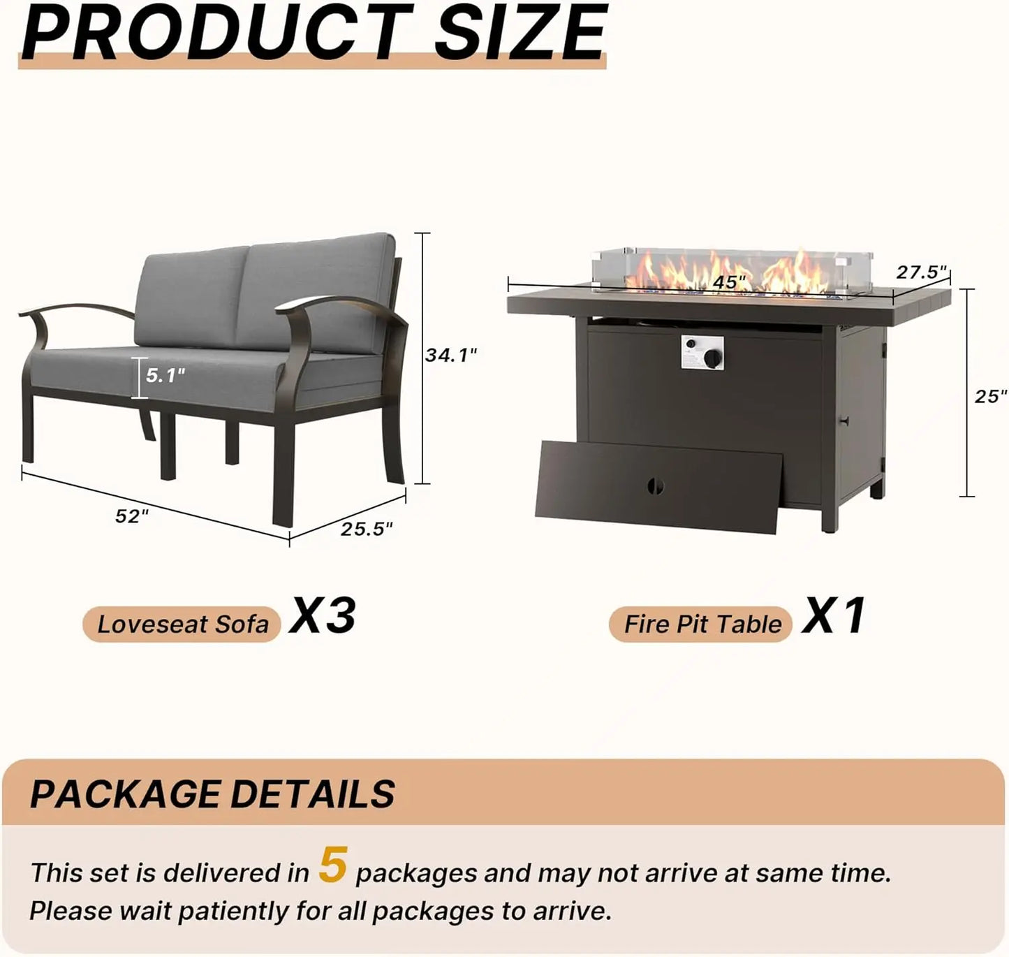 Aluminum Patio Furniture Set 6-Seat Modern Metal Outdoor Conversation Sets w/45in Propane Fire Pit Table and Loveseat Sofa, Pat