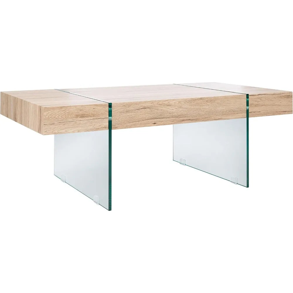 Home Collection Jacob Modern Rectangular Floating Coffee Table COF7001C, 43.3" W x 23.6" L x 15.7" H, Natural/Glass Legs