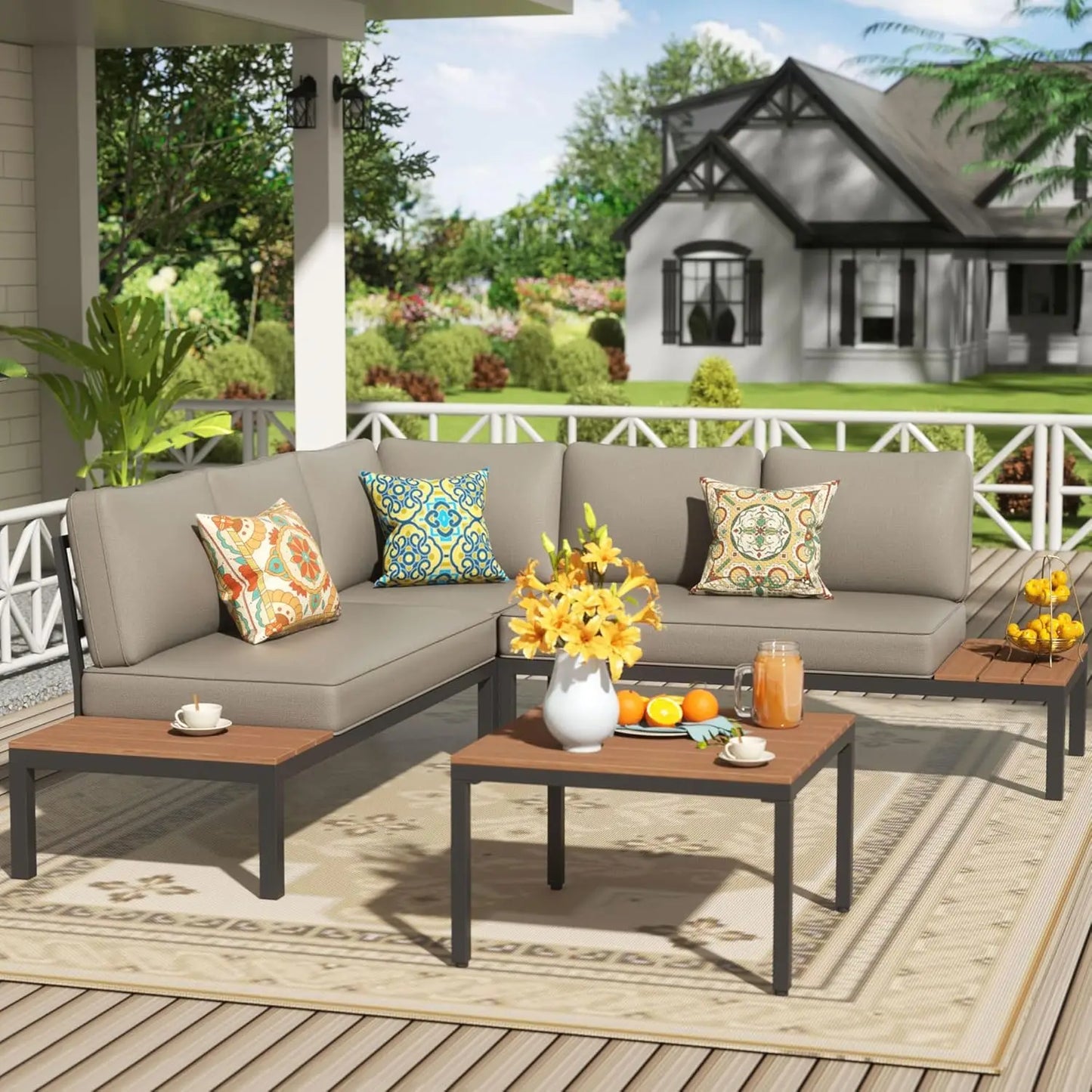 Patio Furniture Sets, L Shape Patio Sectional Metal Outdoor Sectional Corner Sofa Outdoor Couch with Detachable  Backrest