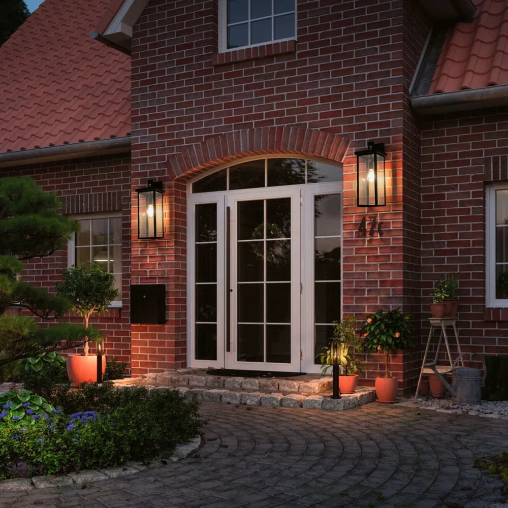 20"(H) Set of 2 Modern Outdoor Wall Sconces Black Frame Clear Glass Weatherproof Porch/Garage E26 No Bulbs