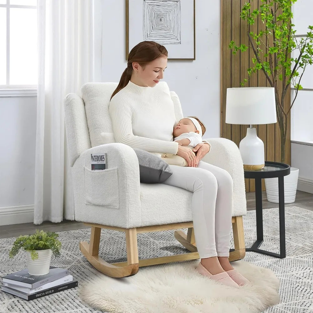Rocking Glider Chair for Nursery, Wingback Accent Rocker Chair Upholstered Tall Back Arm Chair w/Side Pockets, Modern Leisure