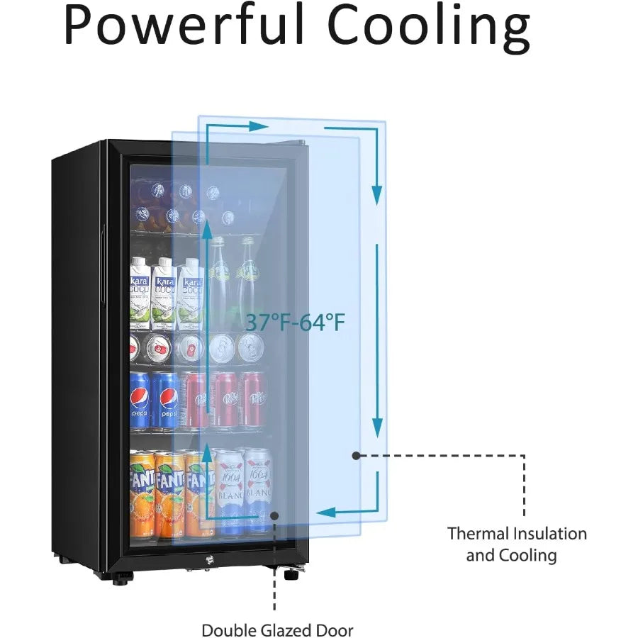 Beverage Refrigerator 3.2 Cu.ft Mini Fridge with Double Glass Door Cooler for Soda Beer or Wine for Home Office or Bar with Adj