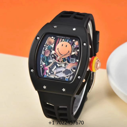 Top-grade RM High-quality Smiling Mechanical Watch Alarm Analog Rubber 10 Bar Water Resistant Hipster Gentleman Diving Sports