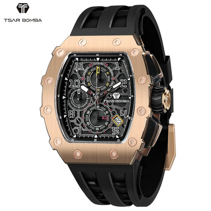 TSAR BOMBA Luxury Tonneau Quartz Watch for Men Japanese Movement, Stainless Steel Case,  Elegant Dress Wristwatch