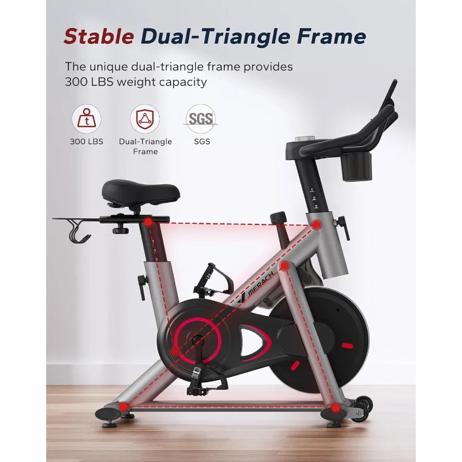 Exercise Bike, Brake Pad Stationary Bike, Low Noise Indoor Cycling Bike with 300lbs Weight Capacity, Tablet Mount and Fitness Co