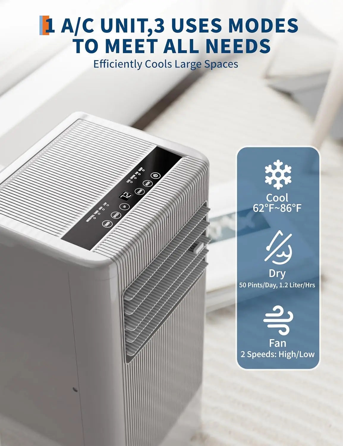 8,000 BTU Portable Air Conditioner, 3-in-1 Portable AC Units for Rooms with Cool/Dry/Fan Modes, Fast Cooling Up to 350 Sq. Ft,