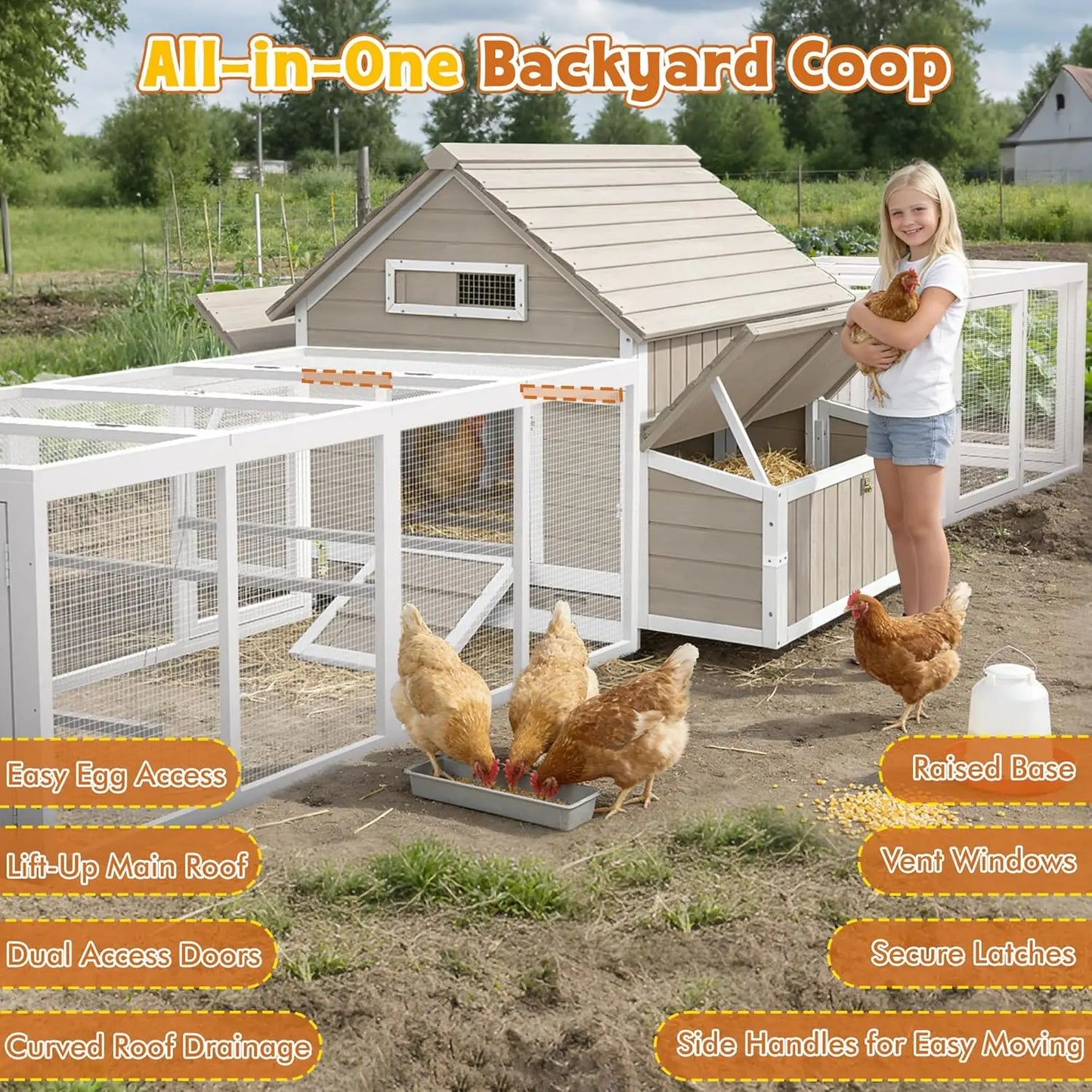 Extra Large Chicken Coop with 2 Runs for 8–10 Chickens Outdoor Wooden Hen House Poultry Cage with 6 Nesting Boxes, Dual Ramp Doo