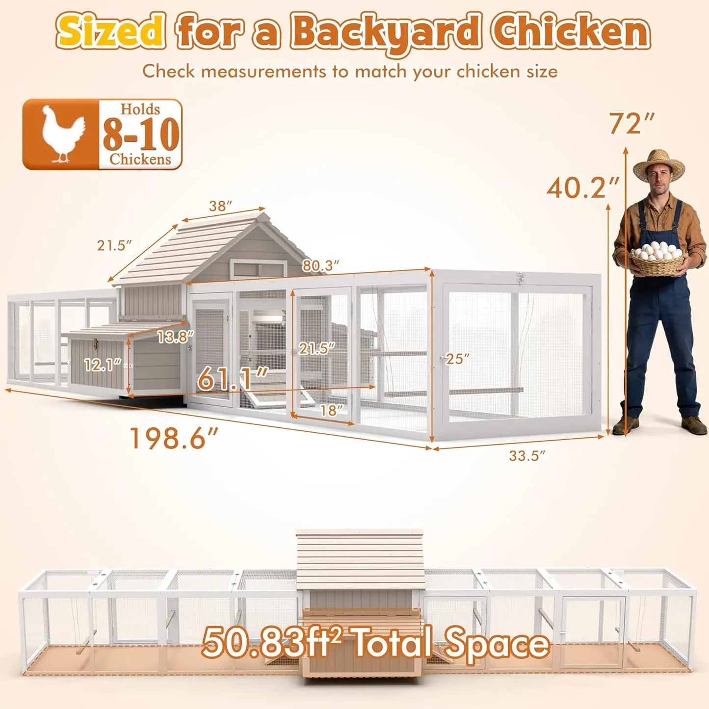 Extra Large Chicken Coop with 2 Runs for 8–10 Chickens Outdoor Wooden Hen House Poultry Cage with 6 Nesting Boxes, Dual Ramp Doo