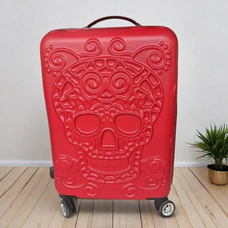 20 inc Black Skull Cabin Rolling Luggage Carry On Size Spinner Hardside Trolley Suitcase On Wheels