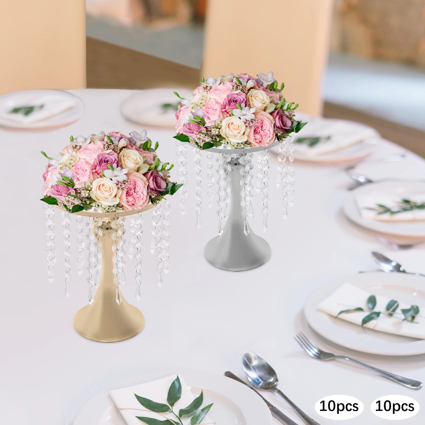 10Pcs Wedding Centerpieces for Tables 26cm Tall Crystal Flower Stand Floral Vases for Gift Baptism Party Decor Gold/Sliver