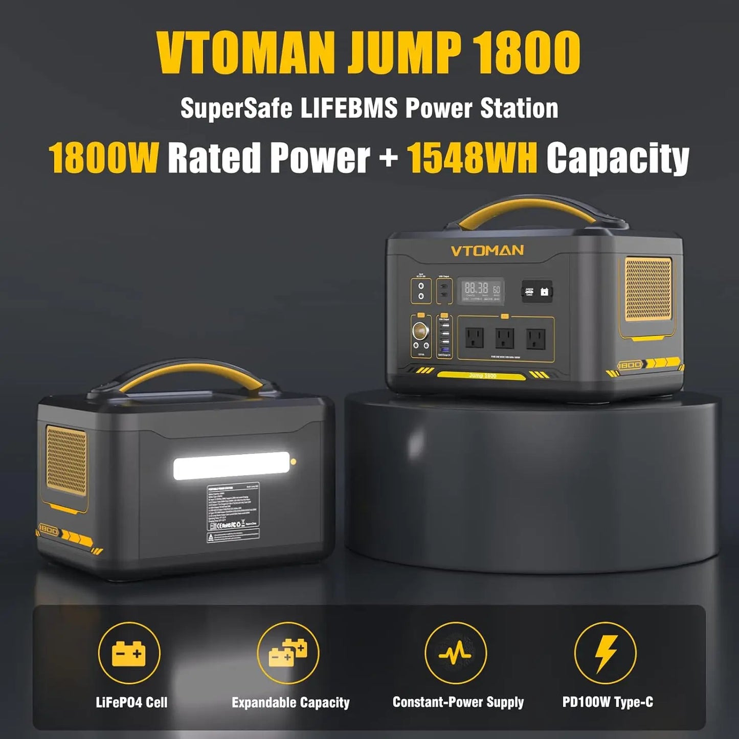 Jump 1800 Portable Power Station with 110W Solar Panel, 1800W/1548Wh LiFePO4 Battery Solar Generator with 1800W, Customized
