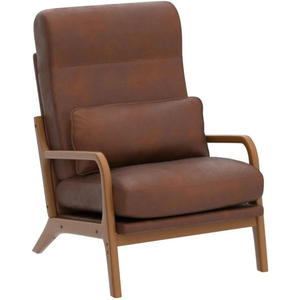 Mid-Century Accent Modern Chair with Pillow High Back Bronzing Cloth Upholstered Lounge Arm Chair with Solid Wood Frame