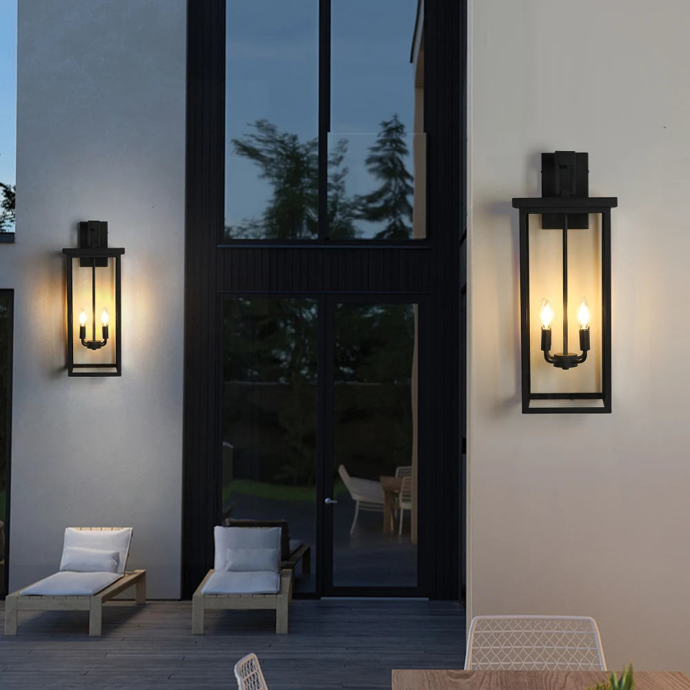 26"H Modern Outdoor Wall Lantern:Black Frame,Clear Glass,4 E12,Weatherproof Porch/Patio(No Bulbs)