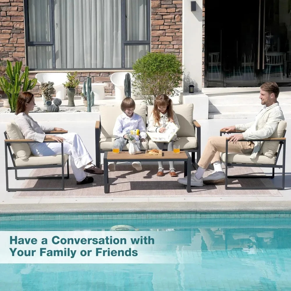4-Piece Metal Patio Set with Coffee Table & Washable Cushions, Outdoor Conversation Furniture