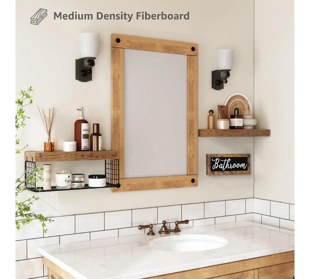 Farmhouse Bathroom Shelves Over Toilet - Floating Shelf Set with Basket & Decor Sign, Rustic Brown