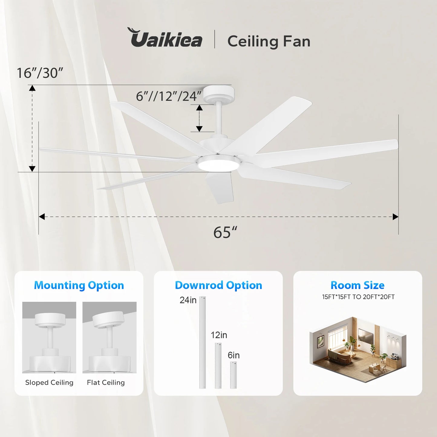 65inch Smart Ceiling Fan with Light and Remote/APP/Voice Outdoor Quiet Reversible DC Motor Fan 3CCT for Over 15*15ft to 18*18ft